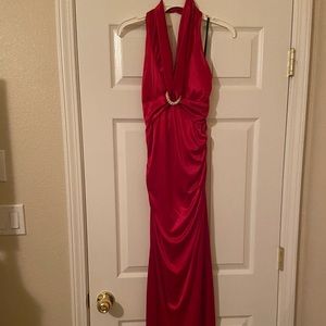 Red halter satin prom dress